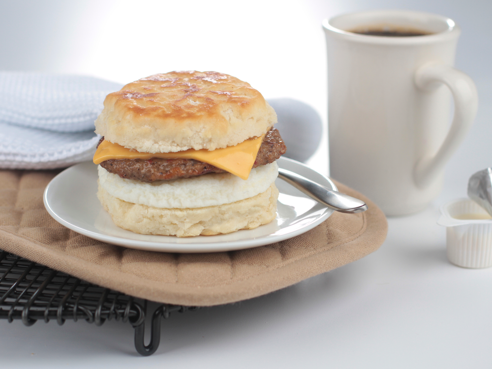 breakfast sandwich and coffee food photography