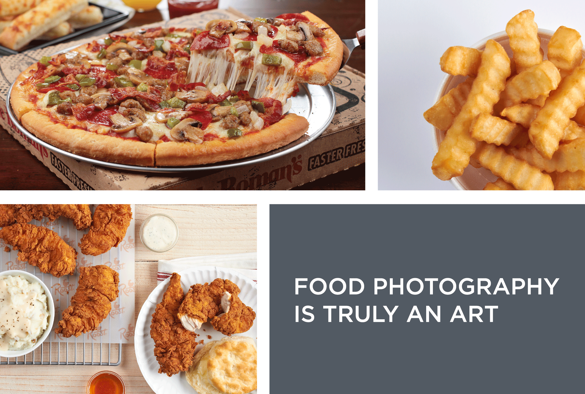 pizza fries and chicken food photography